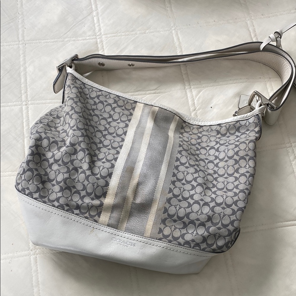 Coach Gray and White Shoulder Bag with Textured Design and Adjustable Strap